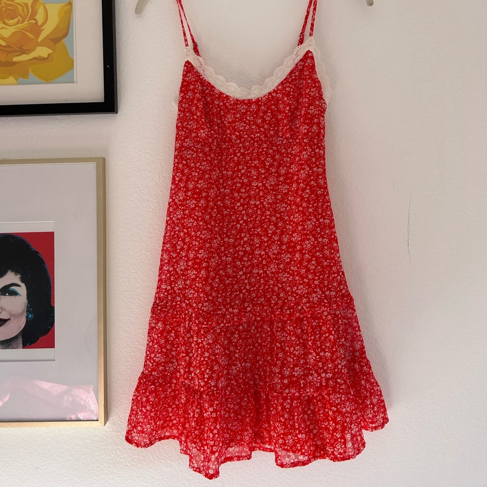 Red Floral Lace Trim mini dress - xxs